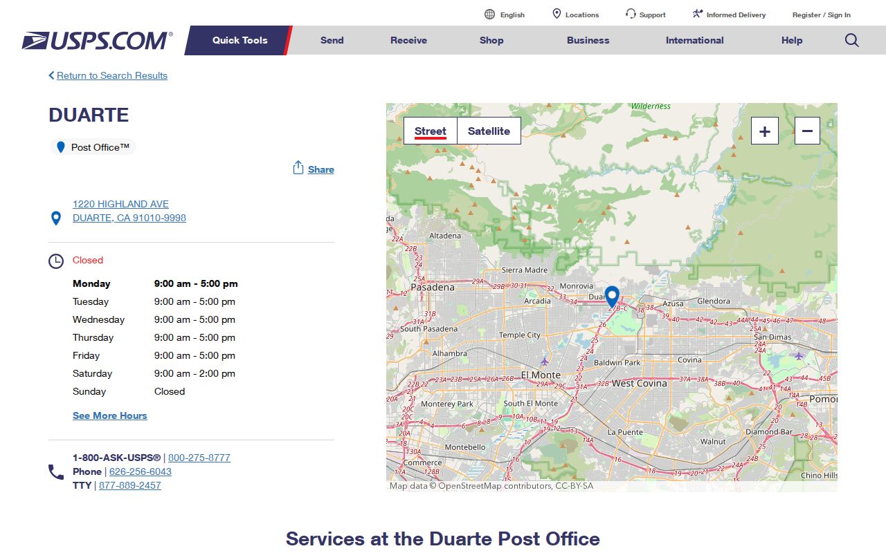 Duarte ZIP code directory USPS post office and 91010 lookup